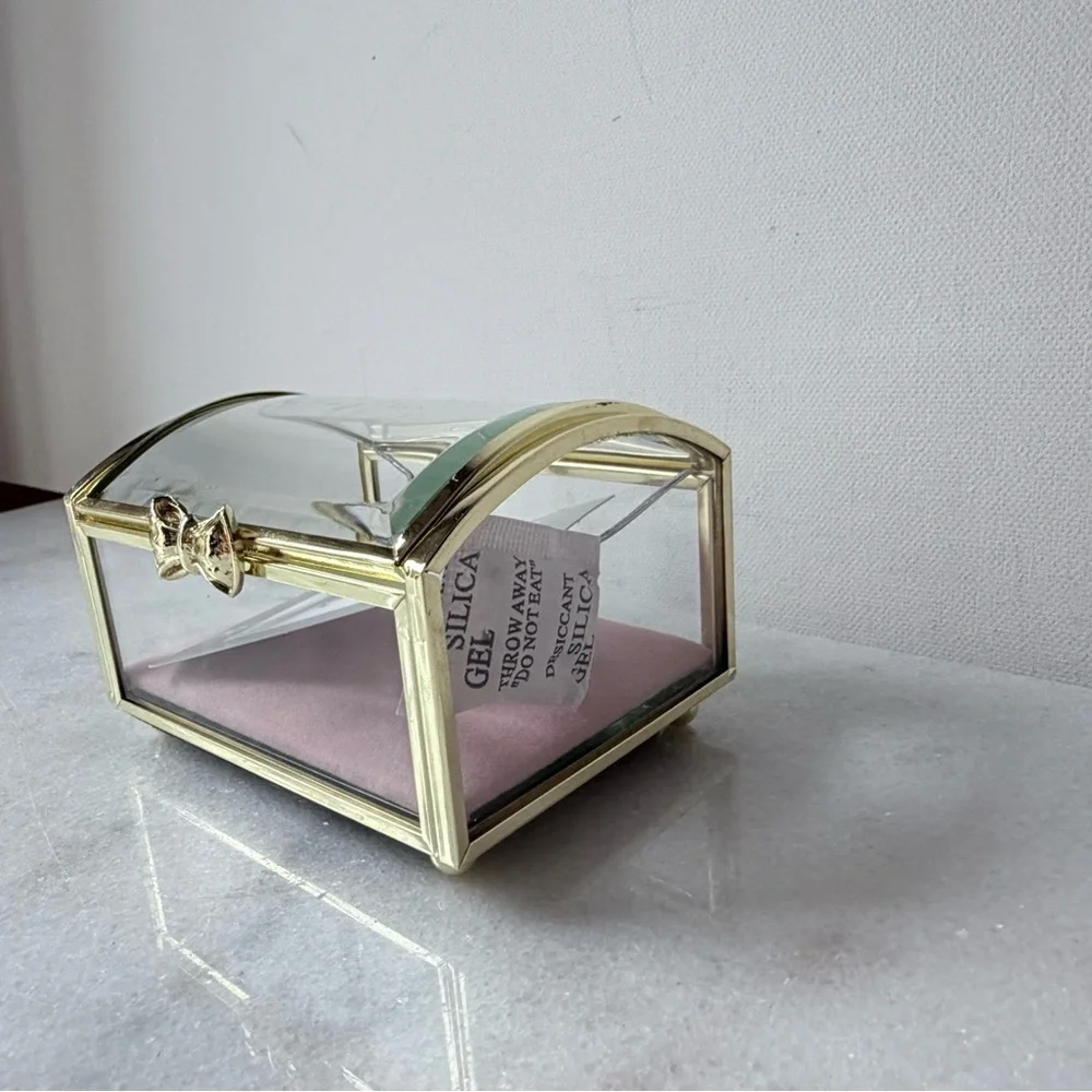 Gold trim and Glass Jewelry Box vintage style pink cushion
